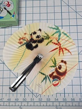 Chinese Paper Folding Hand Fan W/Metal Handle, VTG Mid-Century, #58
